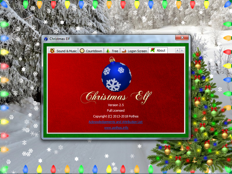 Launched Christmas Elf, the Settings window, the About tab